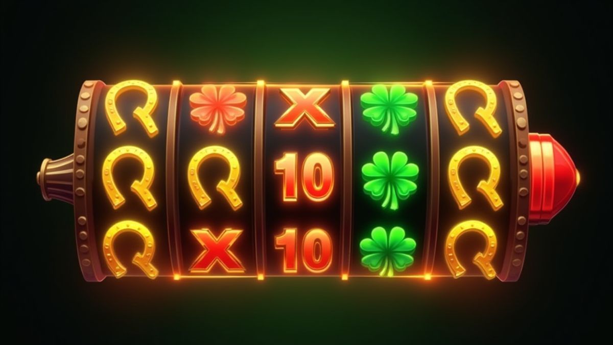 Draaiende gokkasten met magische symbolen zoals klavers en hoefijzers.