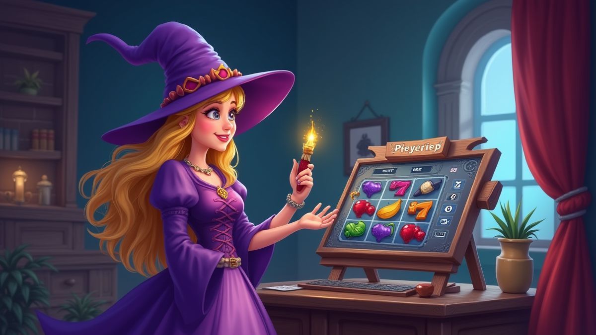 Een vriendelijke heks die gokkaststrategieën leert in een magische setting.