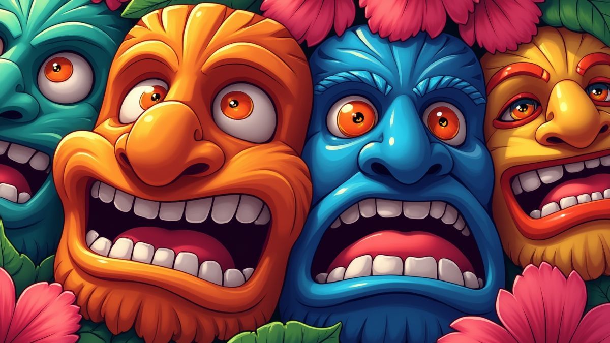 Colorful tiki masks surrounded by tropical flowers.