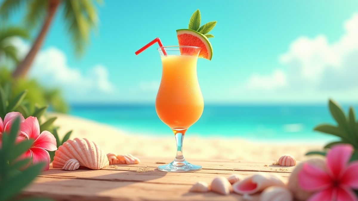 Tropical cocktail surrounded by seashells and flowers on a beach table.