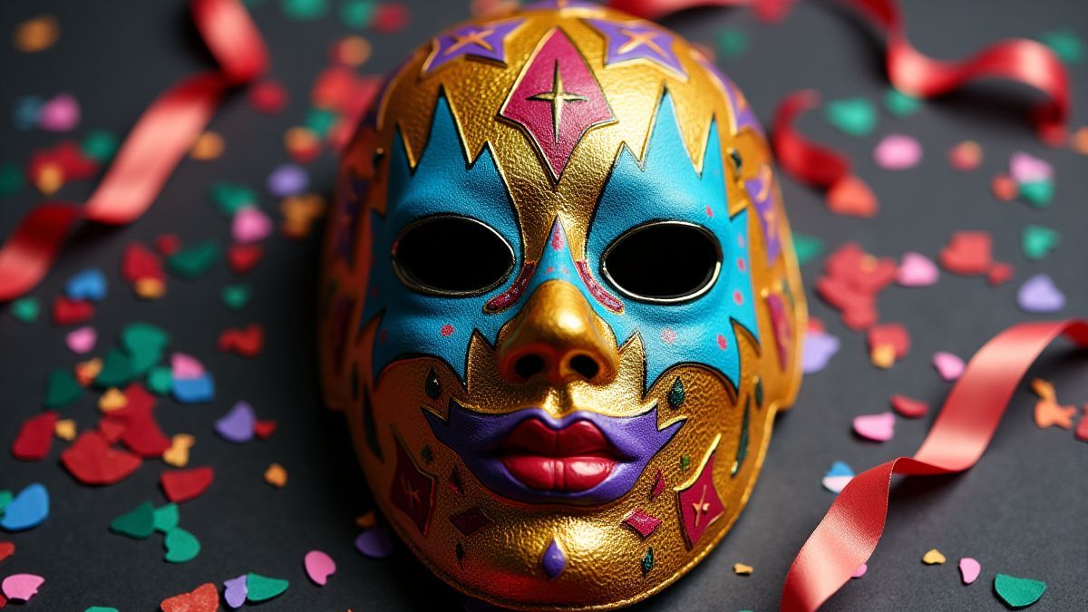 Une masques de lutte colorée entourée de confetti et de décorations festives.