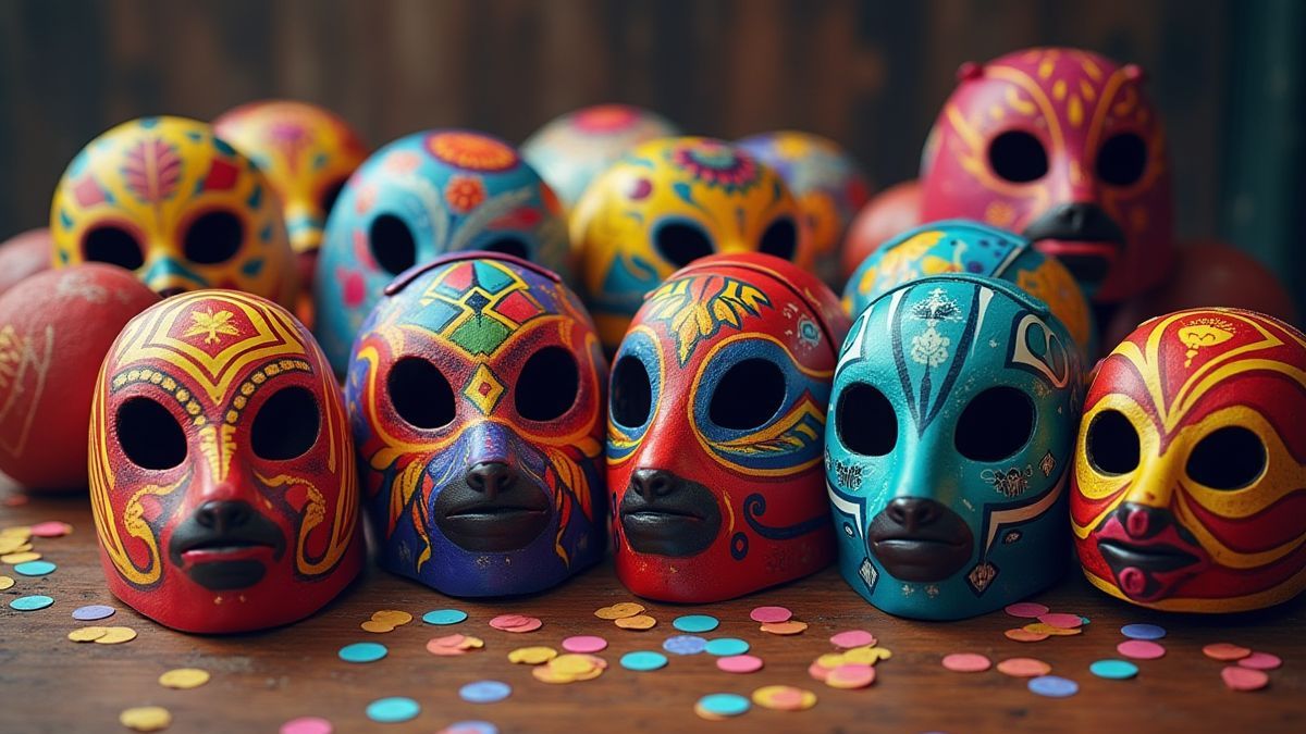 Máscaras coloridas de luta livre sobre uma mesa de madeira com confete ao redor.