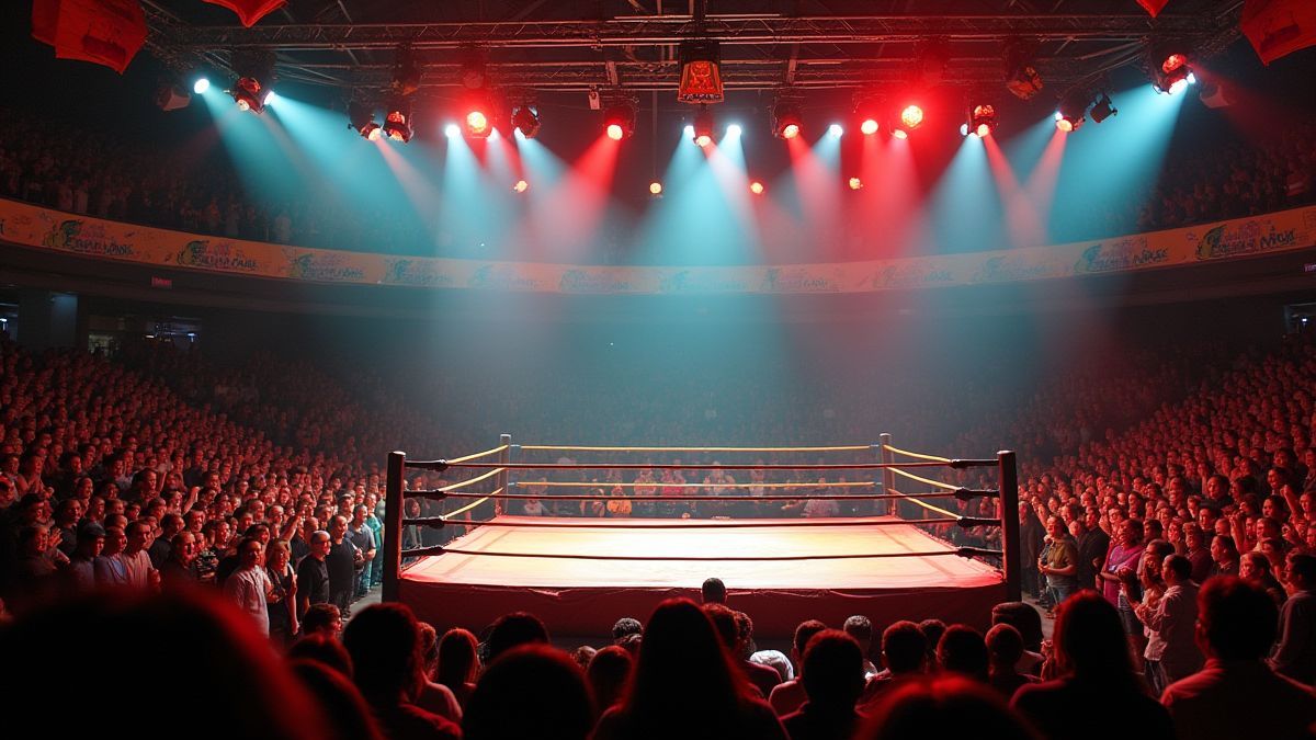 Un ring de lucha libre mexicano decorado con colores vibrantes y una multitud animada.
