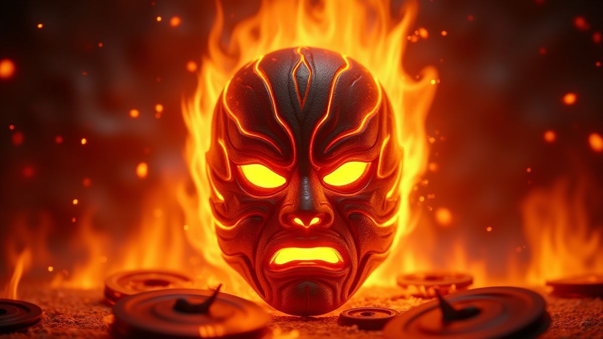 Una máscara de lucha rodeada de llamas y carretes brillantes.