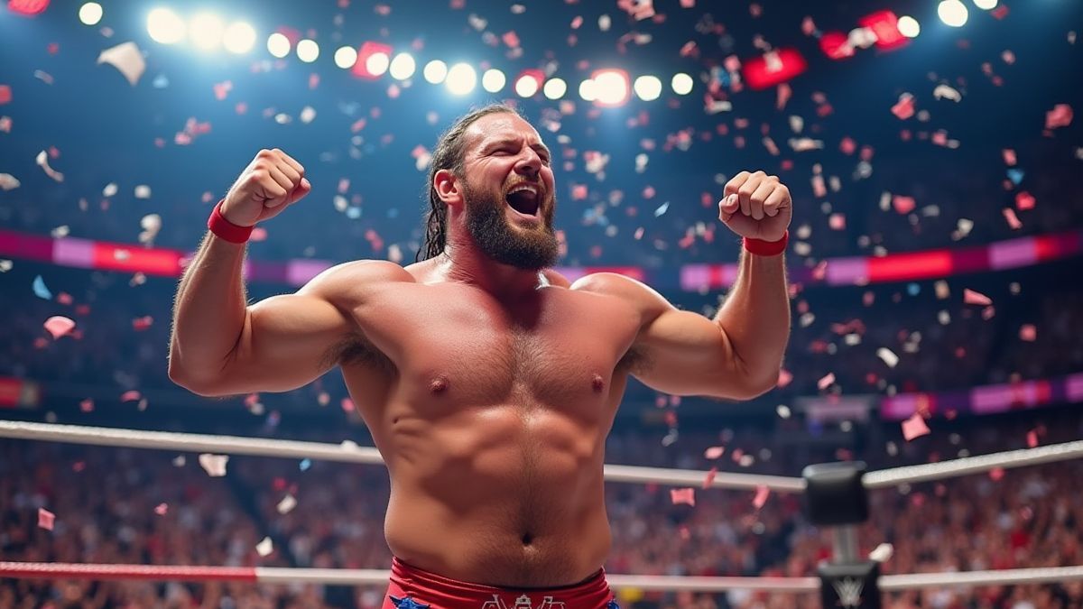 Un luchador celebrando en una arena colorida con confeti cayendo.