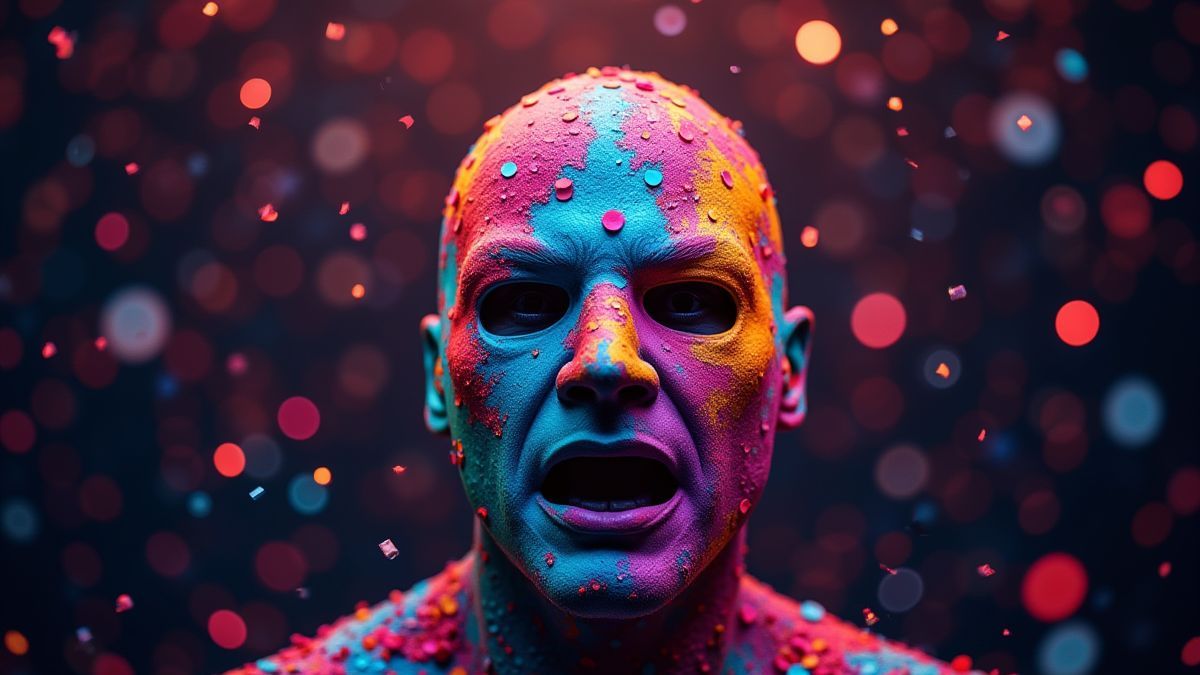 Máscara de lucha libre mexicana rodeada de confeti y luces.