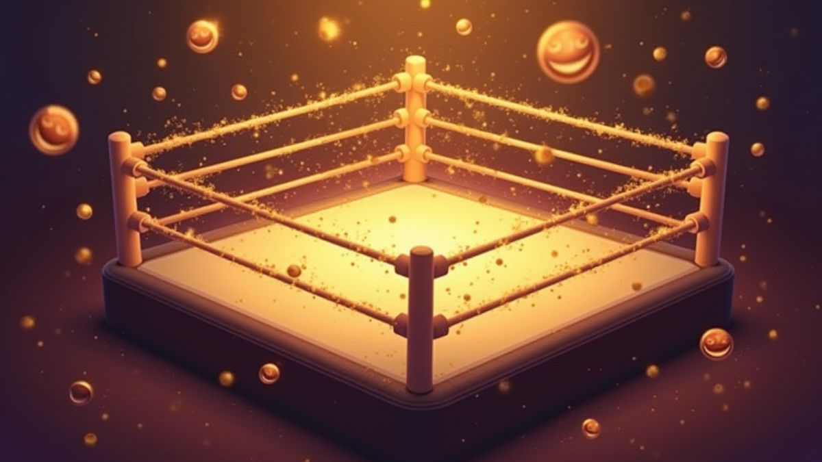Un ring de lucha con destellos dorados y símbolos de bonificación flotando.