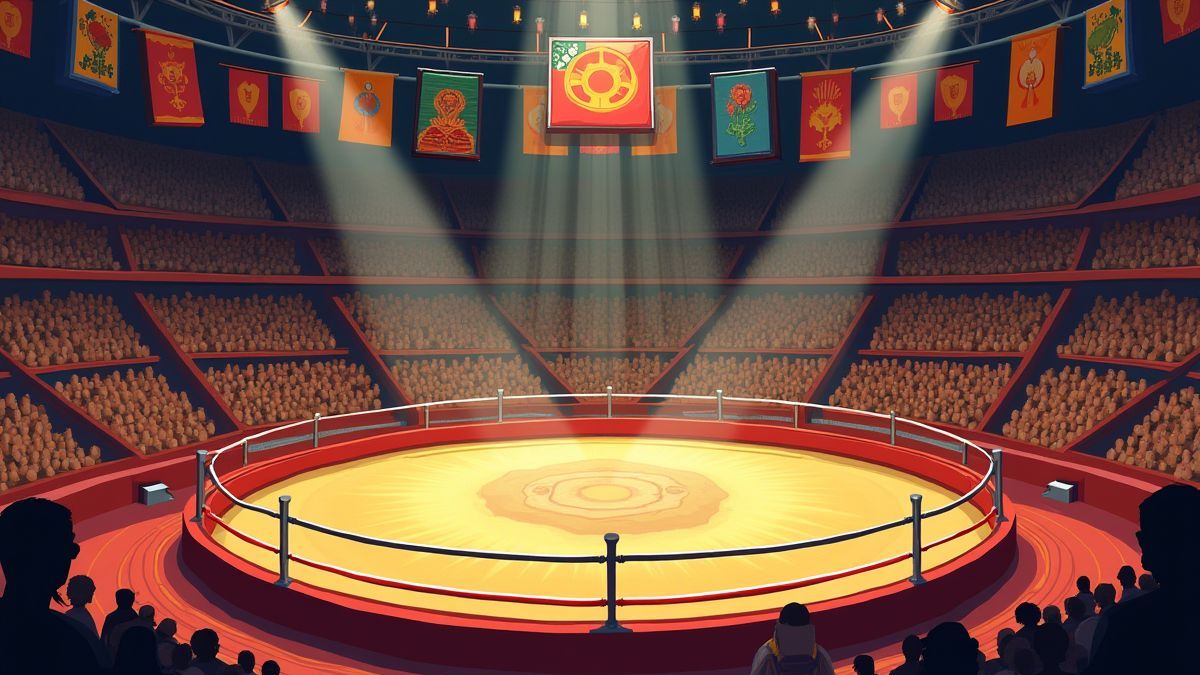 Arena de lucha libre mexicana con carteles coloridos y decoración tradicional.