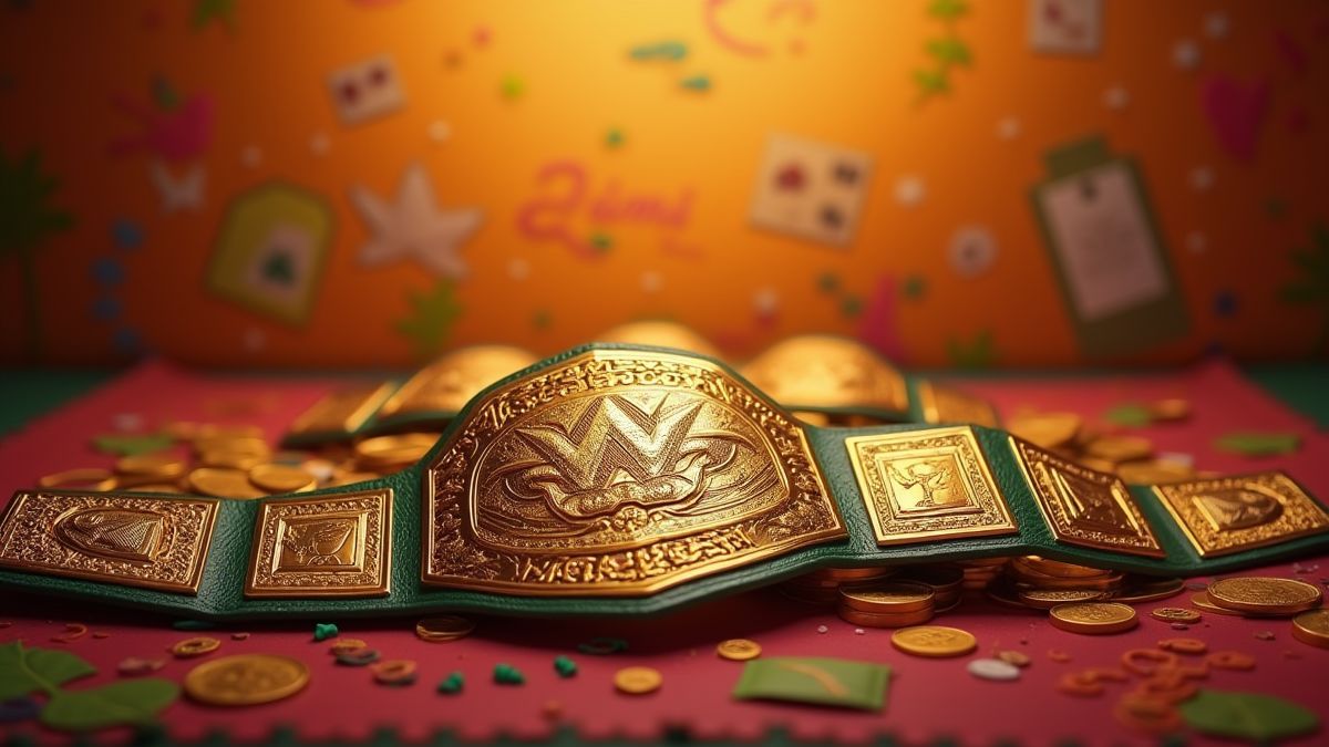 Monedas y cinturones de lucha sobre un fondo colorido mexicano.