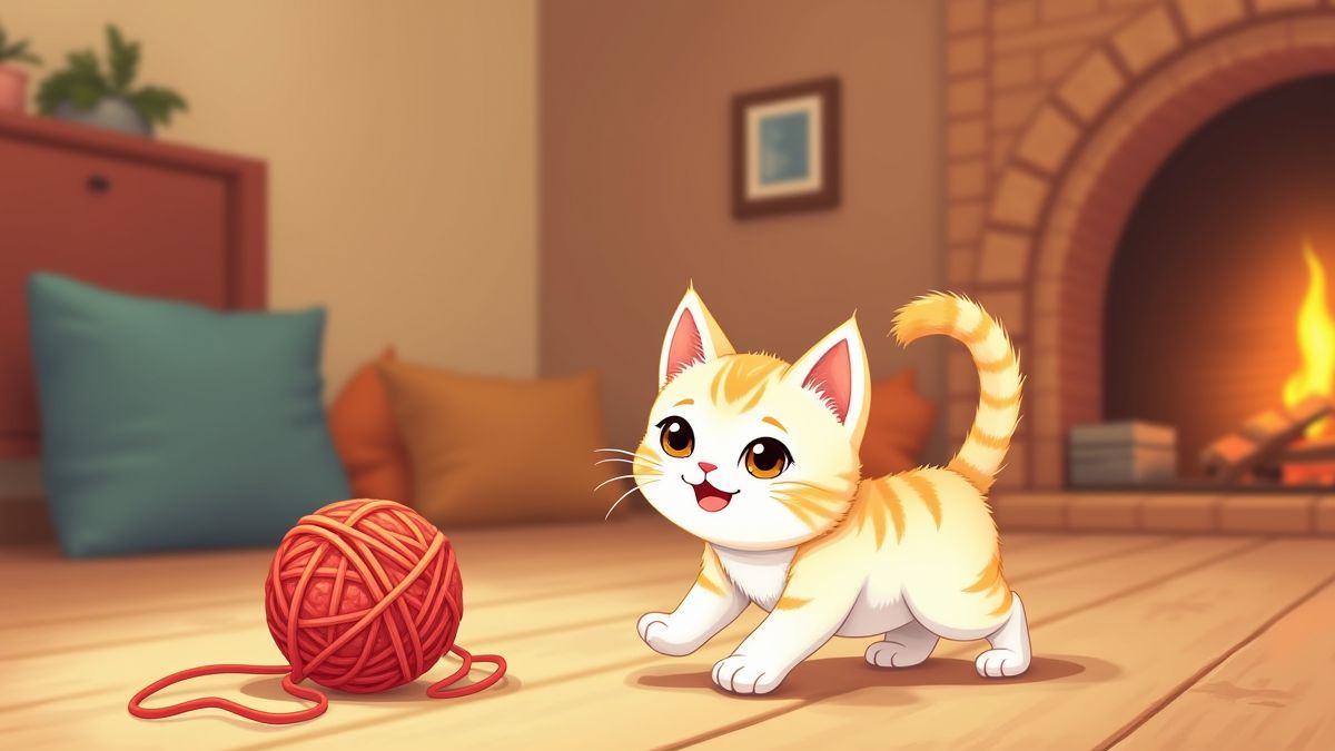 A playful kitten chasing a ball of yarn.