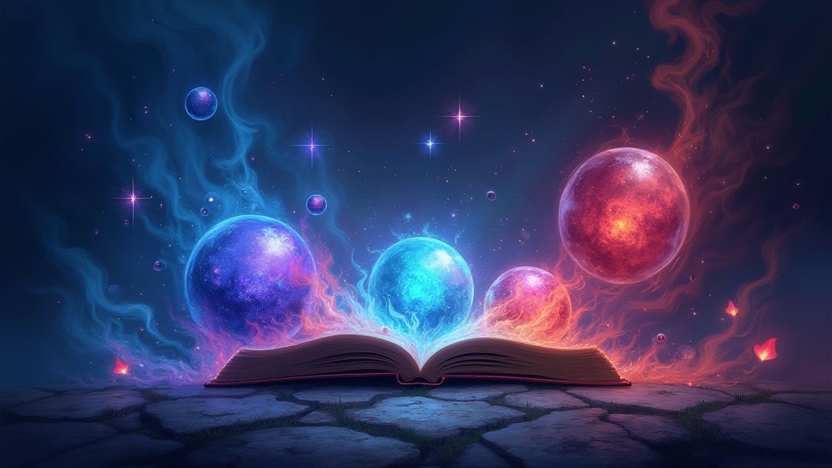 Orbes brillantes y un libro de hechizos en un entorno mágico.