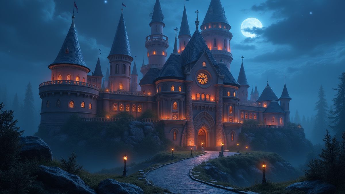 Un castillo de fantasía con luces brillantes y un entorno mágico.