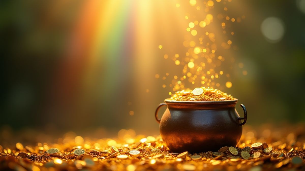 Olla de oro bajo un arcoíris con monedas doradas.