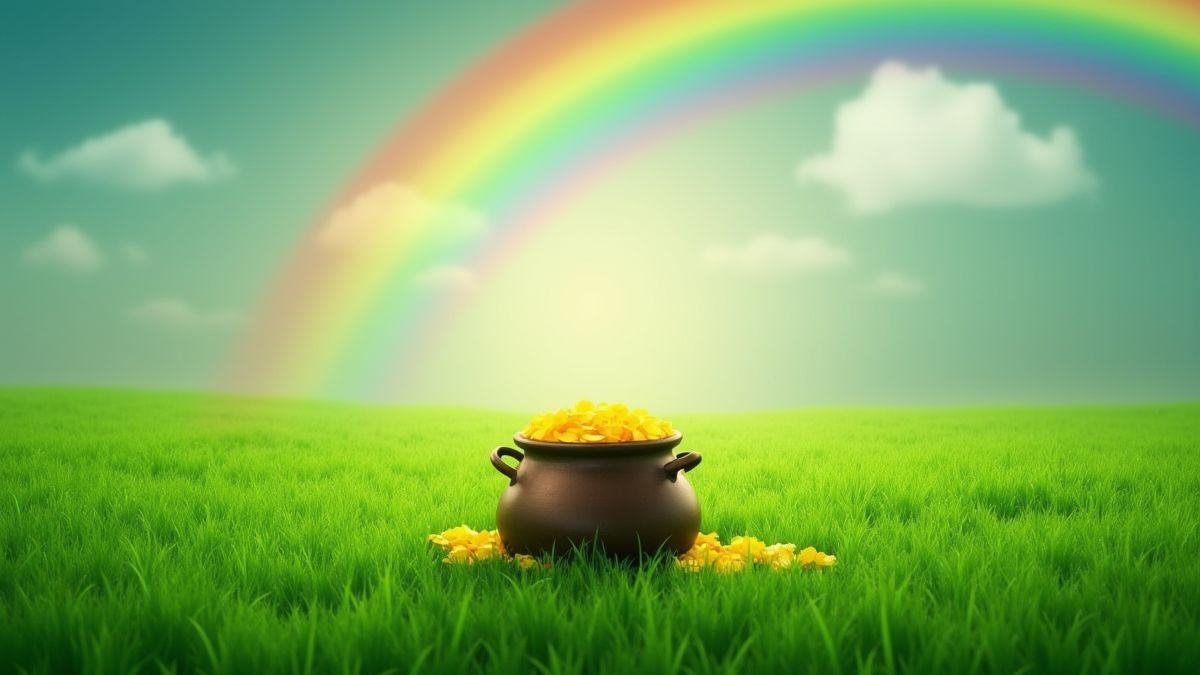 Champ vert avec une casserole d'or sous un arc-en-ciel.