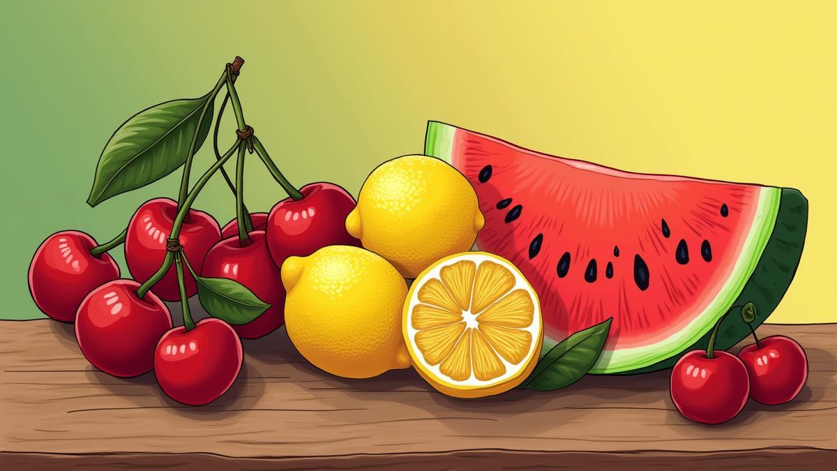 Frutas vibrantes en una mesa de madera.