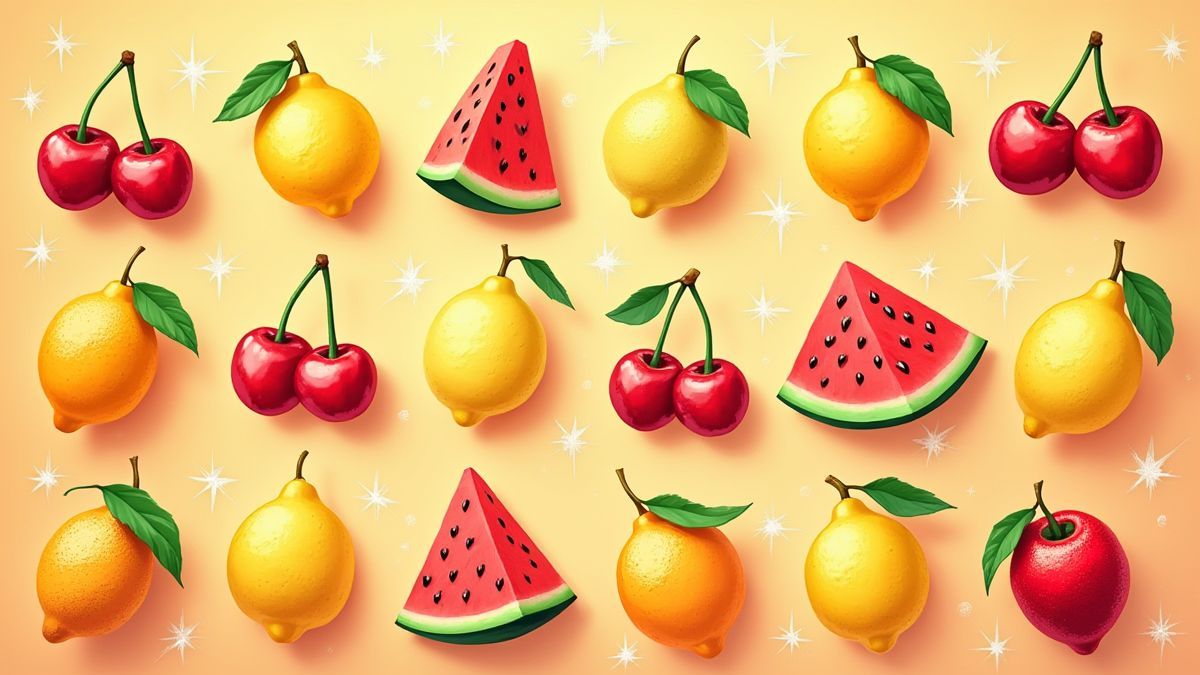 Raster aus leuchtenden Früchten in einem animierten Design.