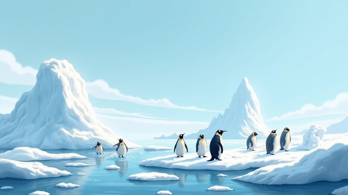 Paisaje helado con pingüinos jugando en la nieve.