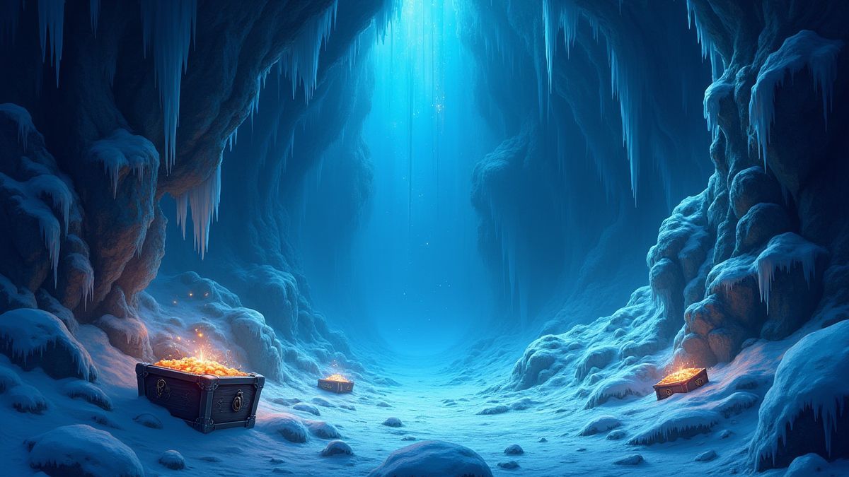 Cueva helada llena de tesoros y símbolos brillantes.
