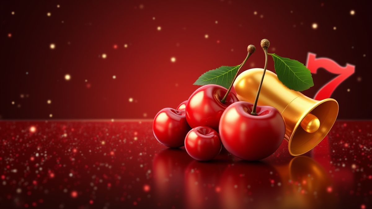 Klassieke casino symbolen zoals kersen, bellen en zevens op een stralende achtergrond.