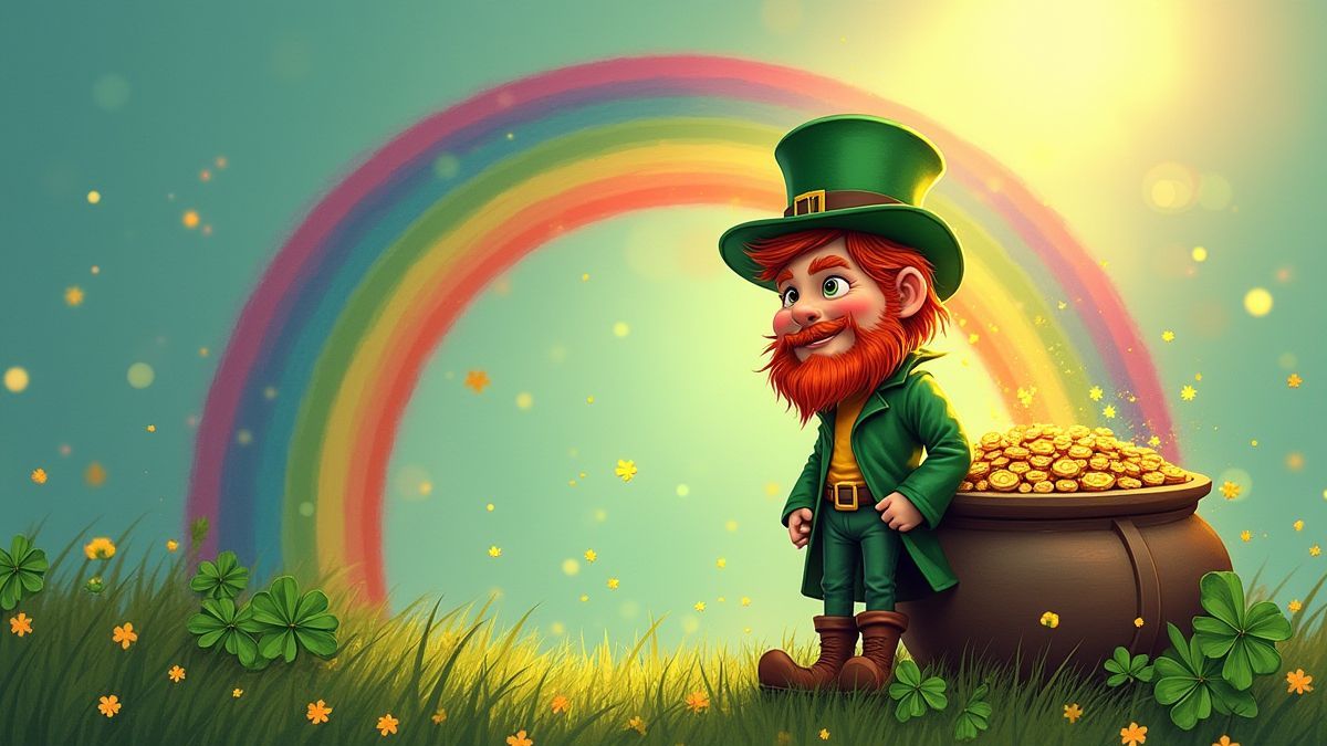 Leprechaun with pot of gold and rainbow