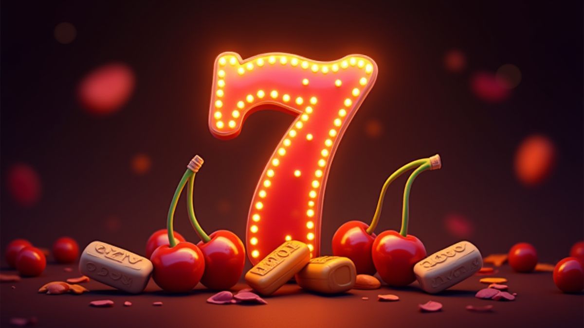 Stralend nummer 7 omringd door klassieke gokkastsymbolen zoals kersen en staven.