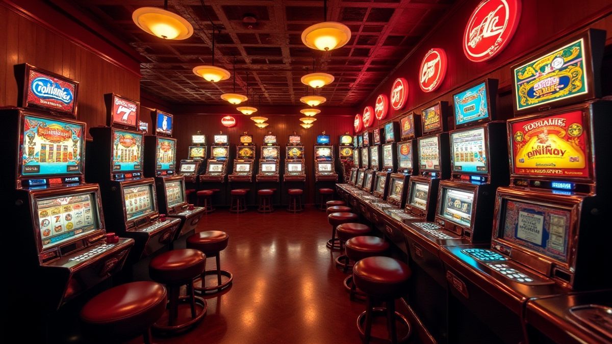 Retro-stijl casino lounge met verlichte gokkasten en vintage decoratie.