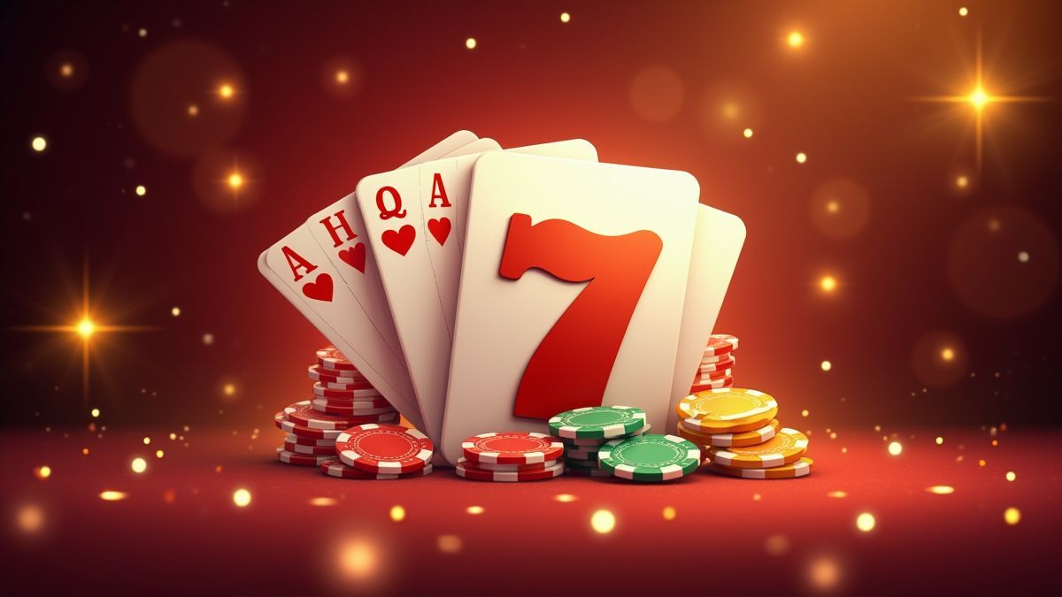Una ilustración de casino con cartas número 7 y fichas de póker.