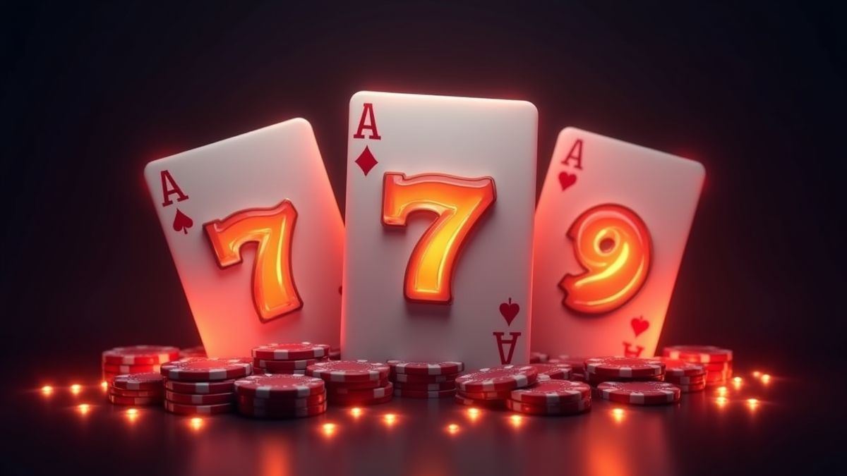 Tres cartas de sietes del mismo palo brillando junto a fichas de casino.