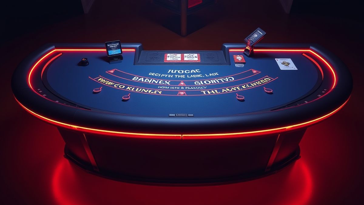 Mesa de blackjack moderna con diseño elegante y luces vibrantes.
