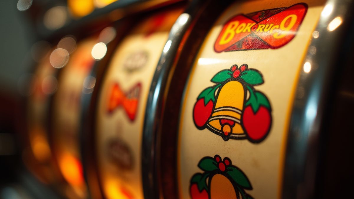 Walzen eines klassischen Spielautomaten mit lebhaften Symbolen wie Kirschen und Glocken.