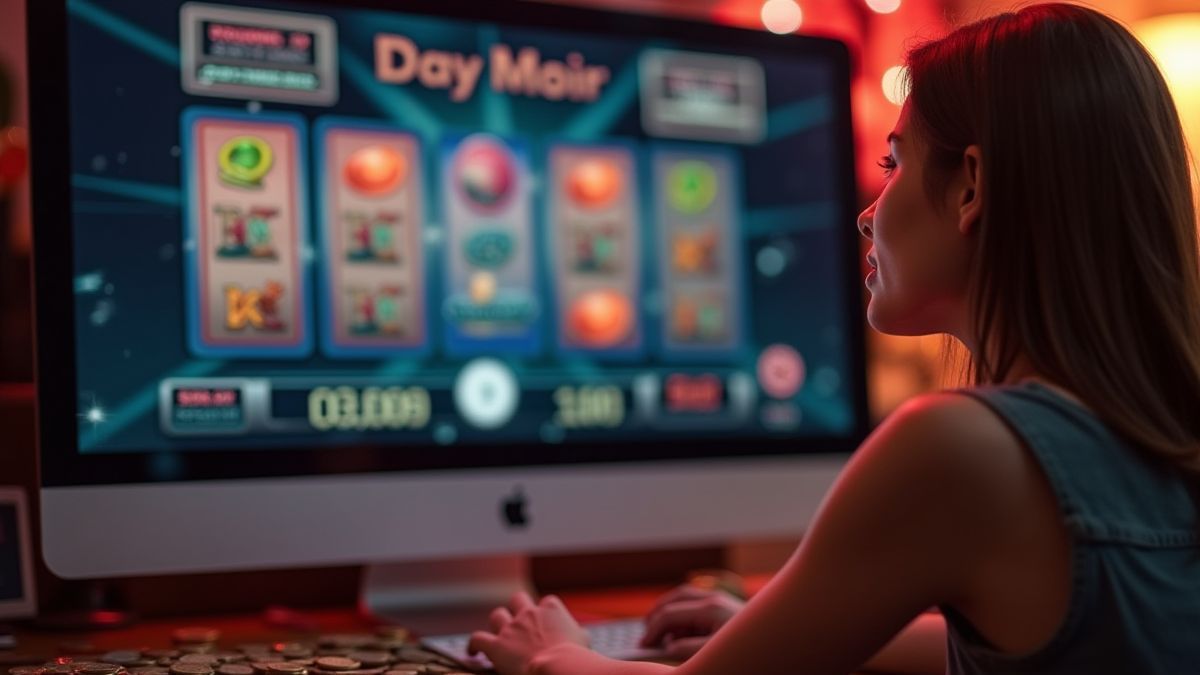 Entspannte Person, die am Computer Spielautomaten spielt, mit verstreuten Münzen.