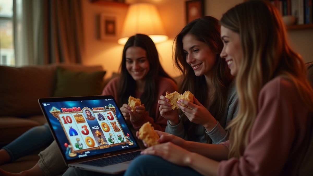 Gruppe von Freunden, die in einem gemütlichen Raum am Laptop Spielautomaten spielen und Snacks genießen.