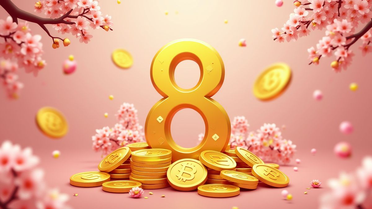 Monnaies dorées et le chiffre 8 entouré de fleurs de cerisier.