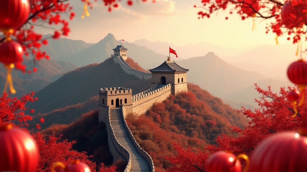 Una imagen de la Gran Muralla China con decoraciones rojas y doradas.