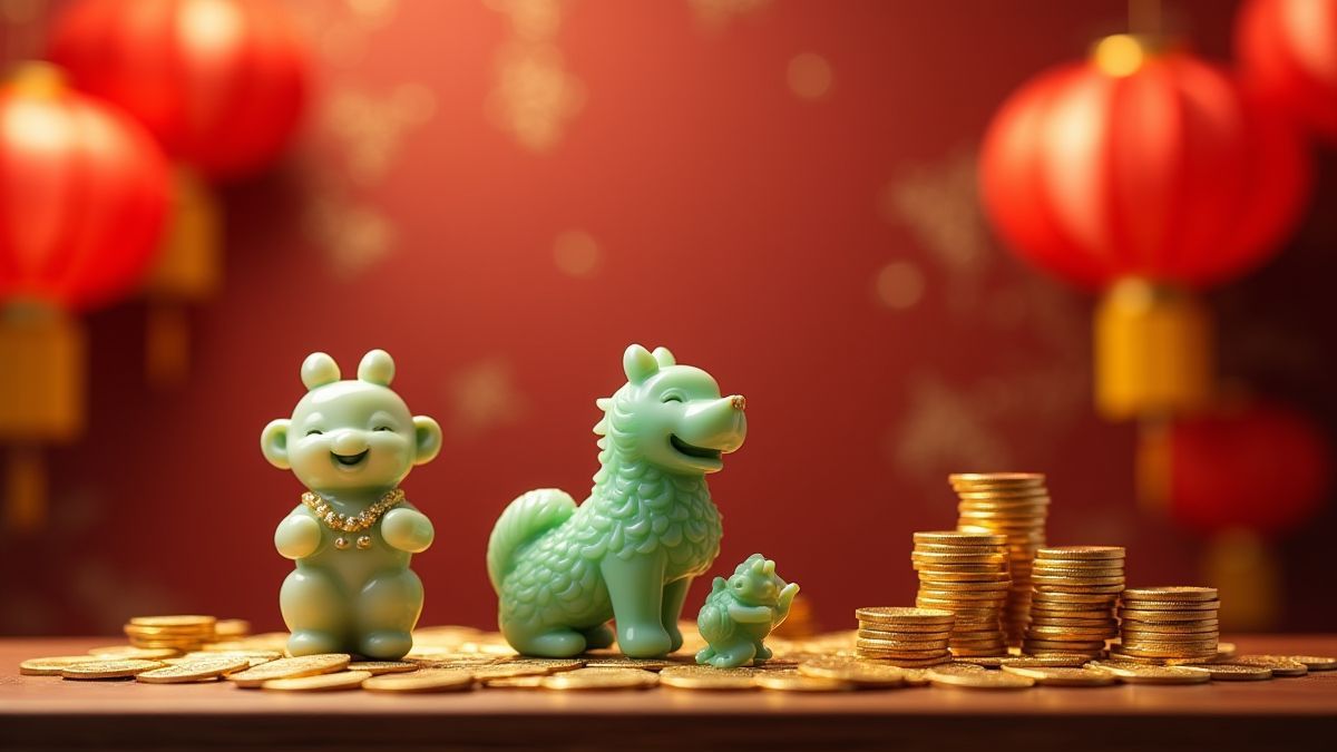 Un entorno festivo chino con monedas doradas y figuras de jade bajo farolillos.