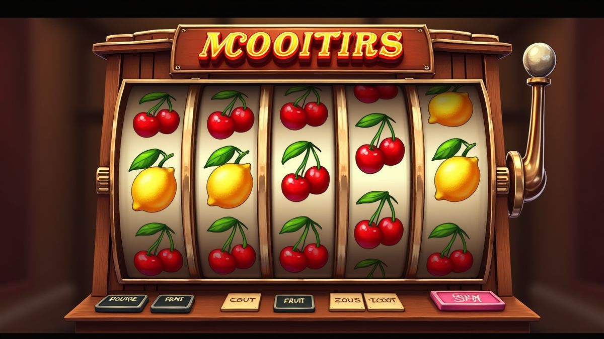 Símbolos clássicos de frutas como cerejas e limões em uma tela de máquina caça-níqueis retrô.