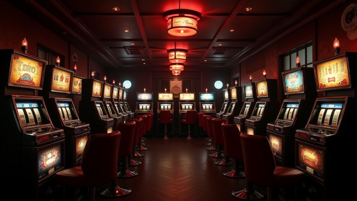 Interior de cassino retrô cheio de máquinas caça-níqueis vintage e luzes suaves.