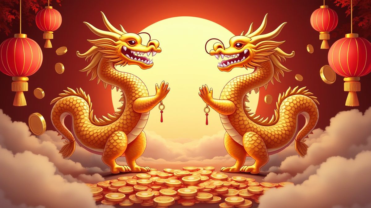 Dragones dorados y farolillos rojos en un entorno asiático.