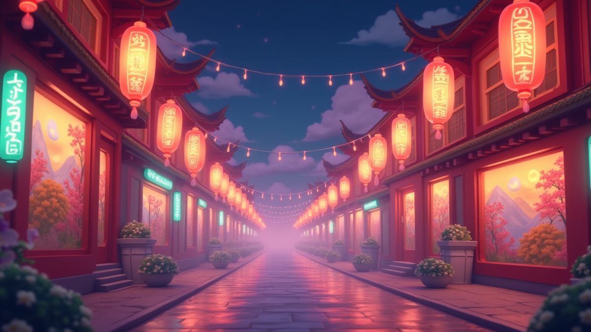 Gráficos asiáticos coloridos con luces suaves resplandecientes.