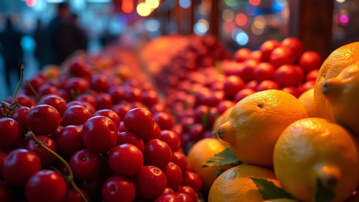 Fruchtmarkt mit leuchtenden Kirschen und Zitronen.