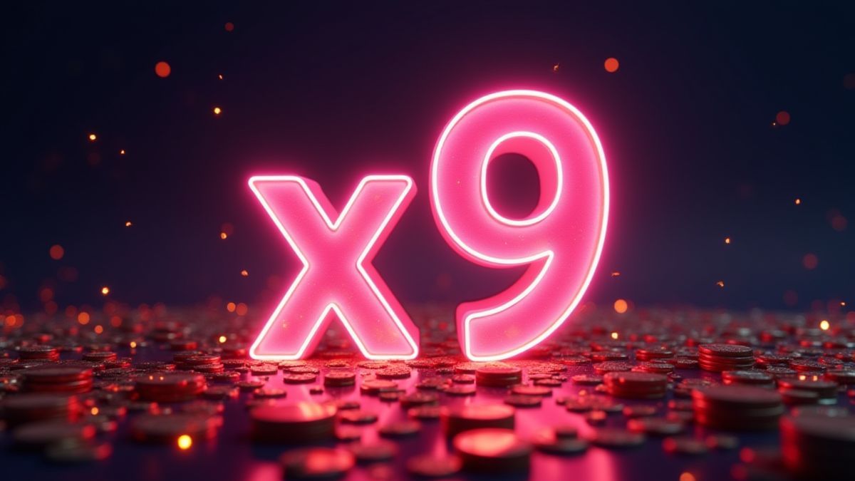 Leuchtendes x9 Multiplikatorsymbol umgeben von funkelnden Münzen und Neonlichtern.