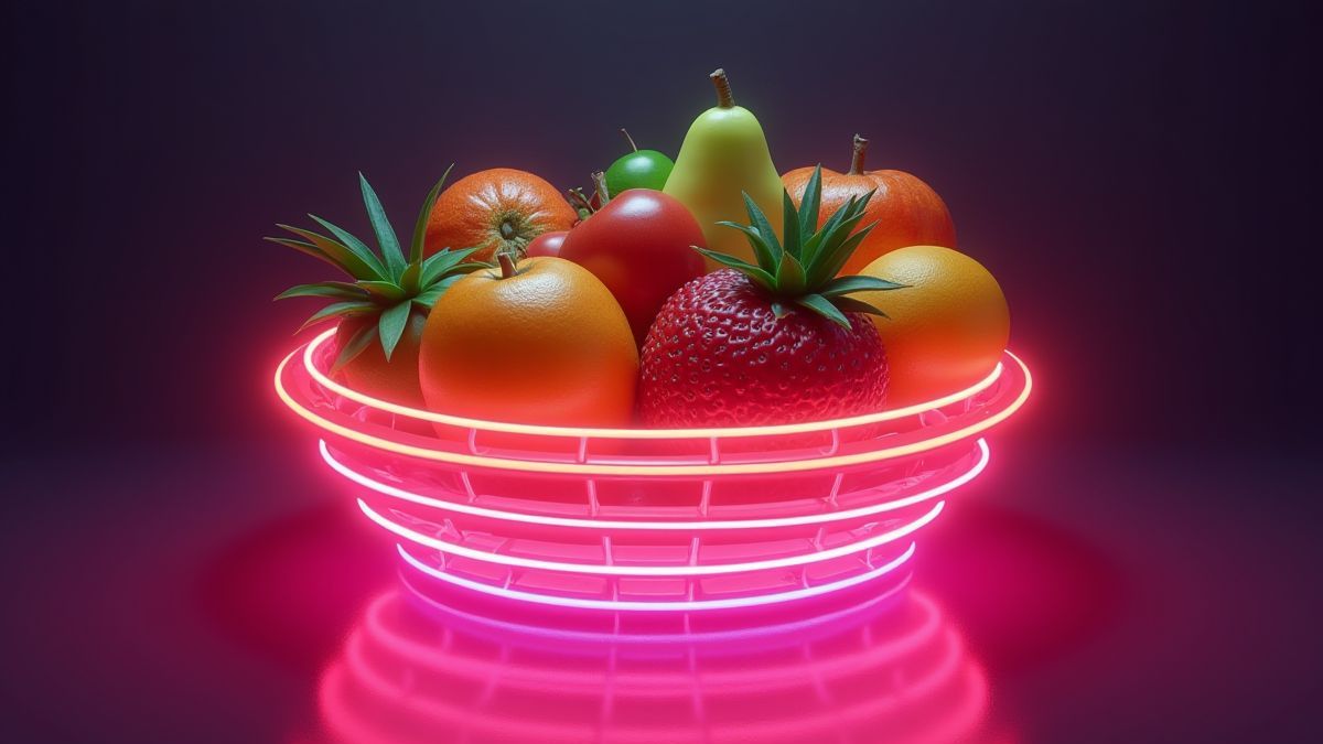 Retro-moderne Obstschale mit leuchtenden Neonfarben.