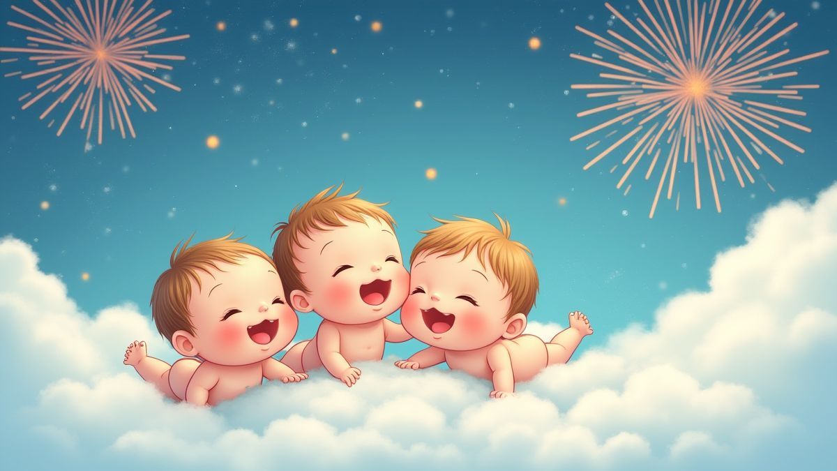 Bebés flotando en nubes con un fondo de fuegos artificiales.