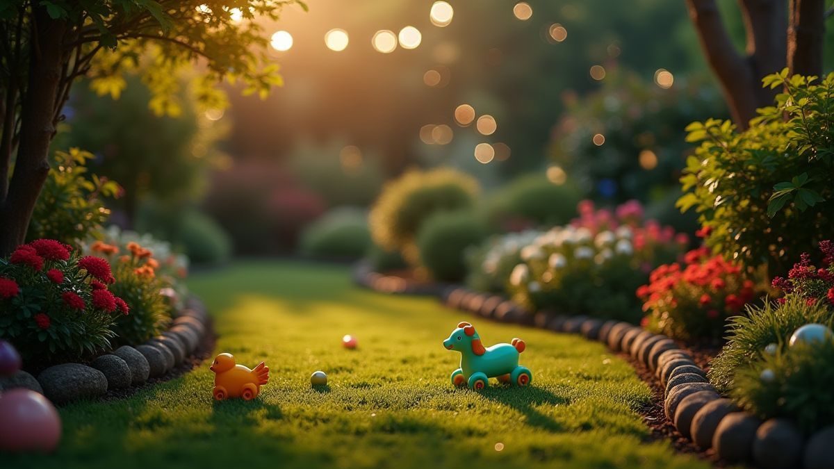 Ein ruhiger Garten mit funkelnden Lichtern und verstreuten Babyspielzeugen.