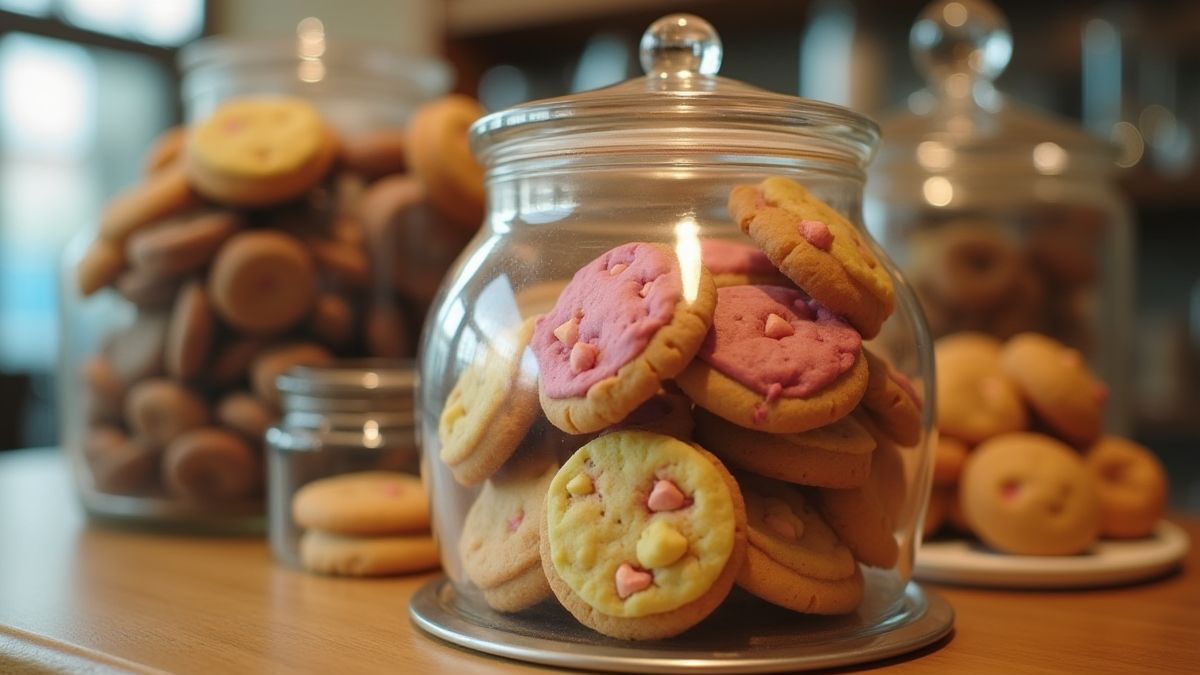 Koekjespot met levendige kleuren en een bakkerijachtergrond.