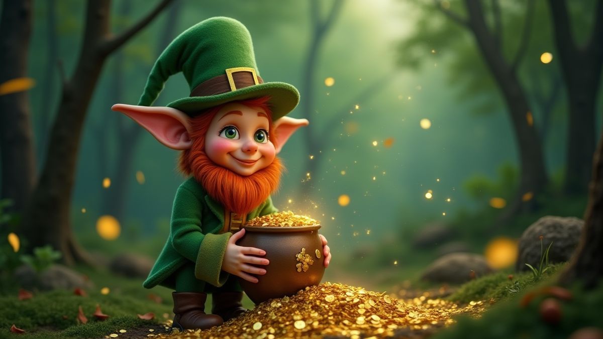 A magical leprechaun holding a pot of gold in an enchanted forest.