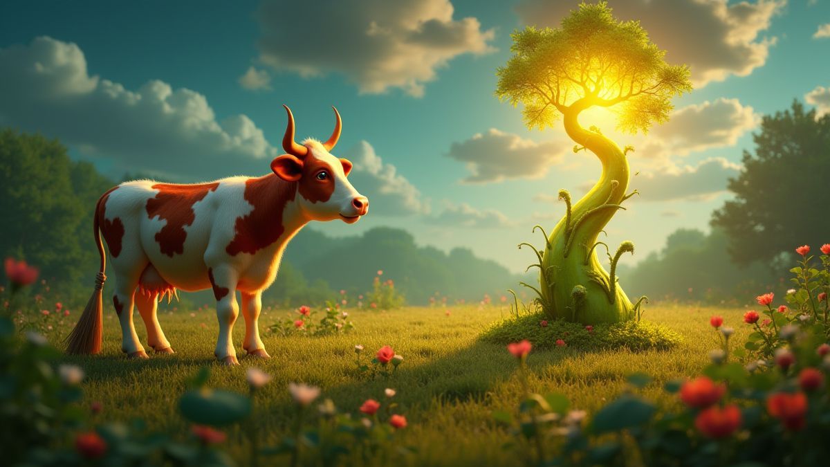 A magical cow in an enchanted farm with a giant bean in the background.