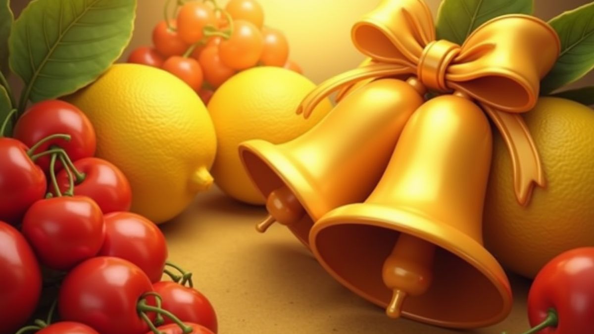 Campanas doradas rodeadas de frutas coloridas como cerezas y limones.