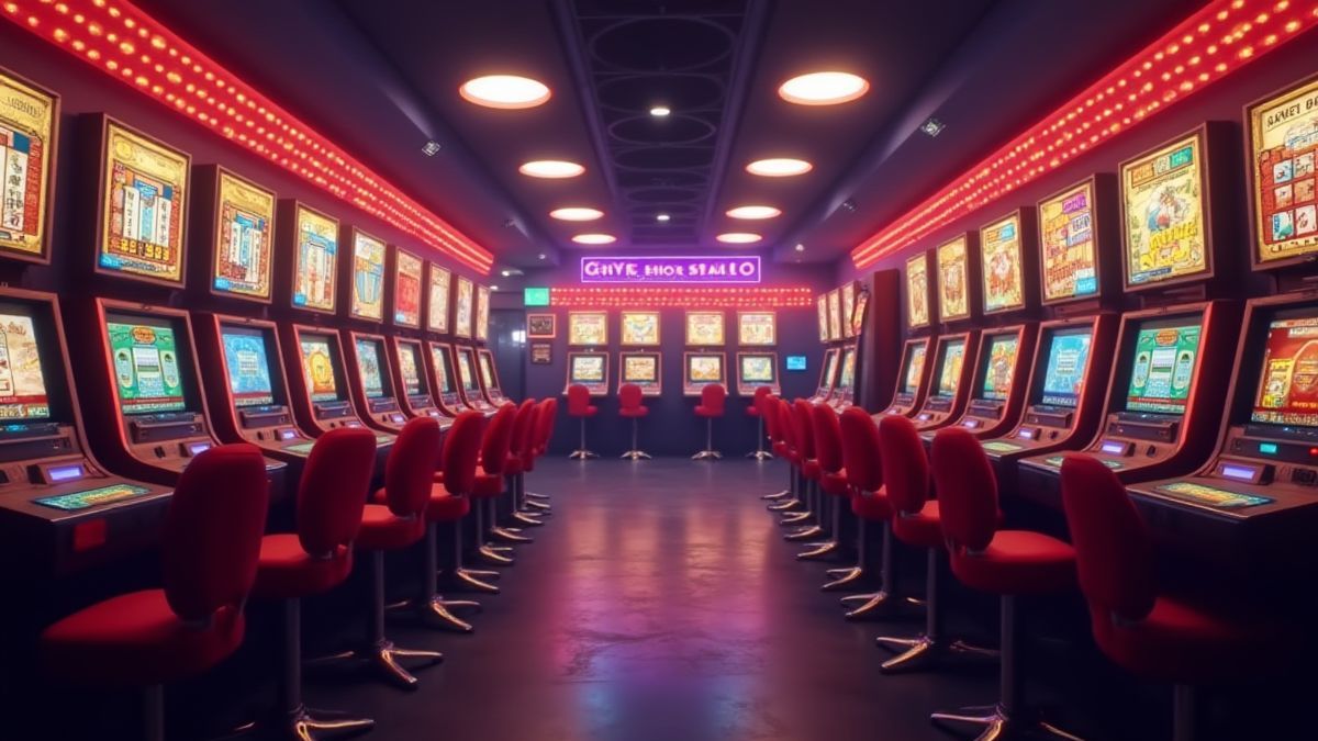 Un casino retro con máquinas tragaperras coloridas y luces alegres.
