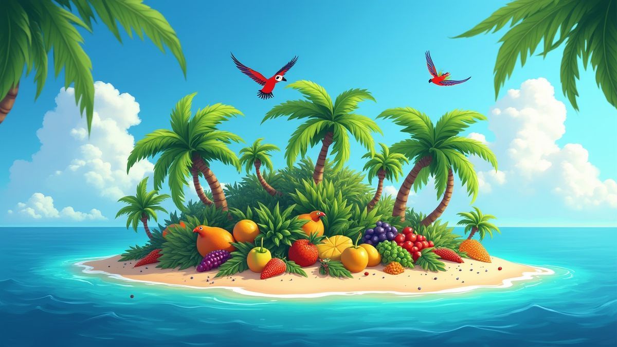 Tropical birds flying over a colorful island with fruits.
